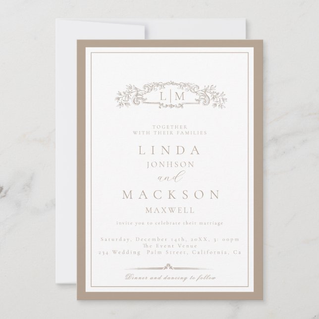 Elegant Taupe Crest Monogram Bröllop   Inbjudningar (Framsida)