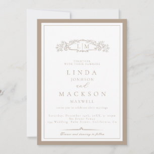 Elegant Taupe Crest Monogram Bröllop   Inbjudningar