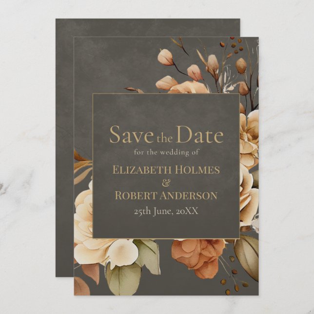 Elegant Taupe Floral Save the Date Spara Datumet (Fram/baksida)