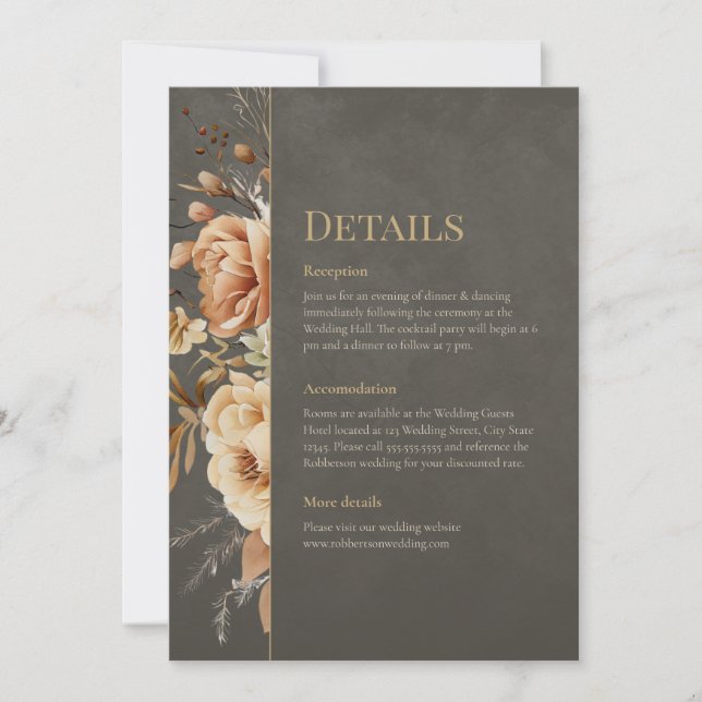 Elegant Taupe Floral Wedding Details Card Inbjudningar (Framsida)