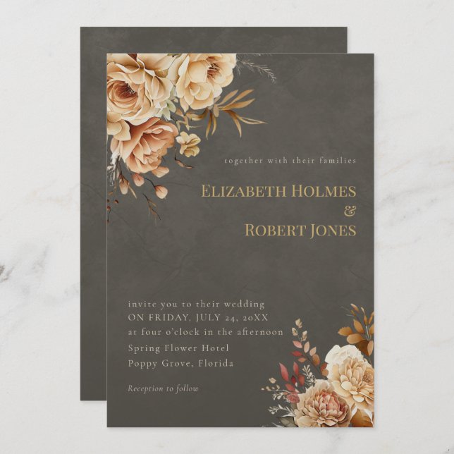 Elegant Taupe Floral Wedding Invitation Inbjudningar (Fram/baksida)