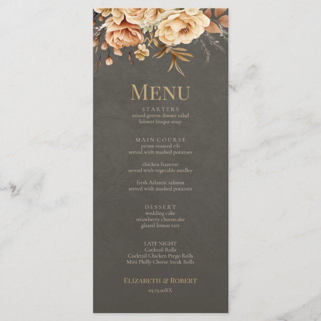 Elegant Taupe Floral Wedding Menu Meny (Framsida)