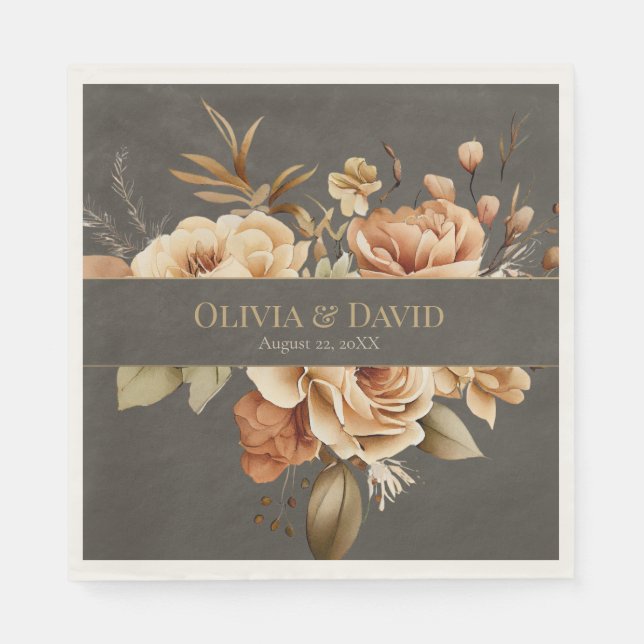 Elegant Taupe Floral Wedding Napkins Pappersservett (Framsidan)
