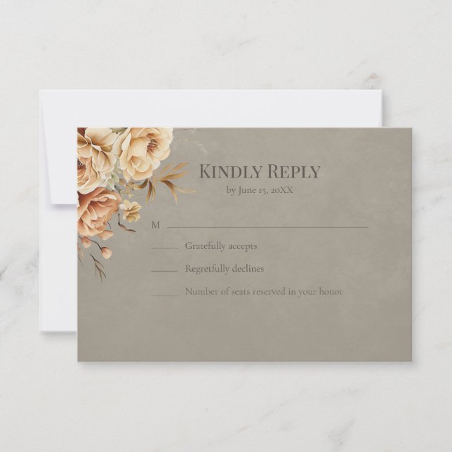 Elegant Taupe Floral Wedding RSVP OSA Kort (Framsida)