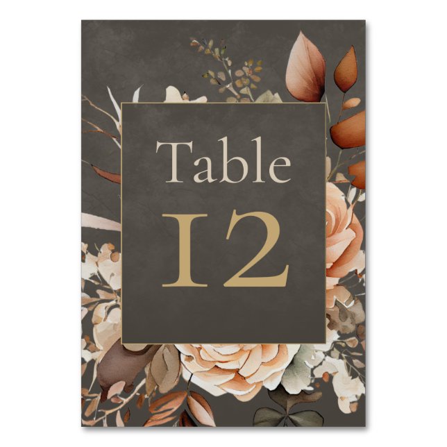 Elegant Taupe Floral Wedding Table Number Bordsnummer (Framsidan)