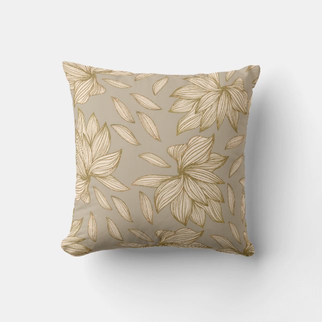 Elegant Taupe Guld Glitter Blommigt Line Art Kudde (Framsida)
