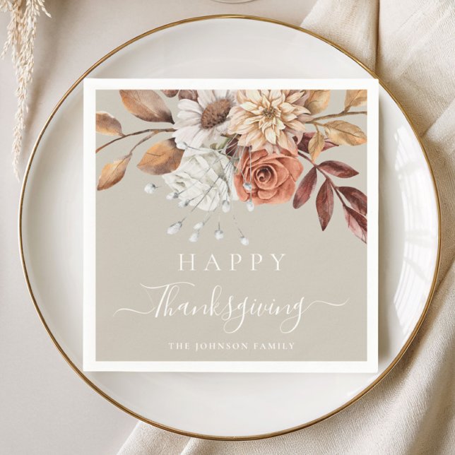 Elegant Taupe Höst Blommig Glad Thanksgiving Pappersservett (Elegant Taupe Fall Floral Happy Thanksgiving Napkins)