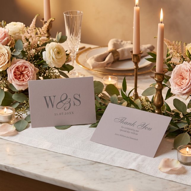 Elegant Taupe initial bröllopspar Tack Kort (Skapare uppladdad)