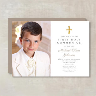 Elegant Taupe Kor Photo Boy First Communion Inbjudningar