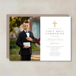 Elegant Taupe Kor Photo Boy First Communion Inbjudningar