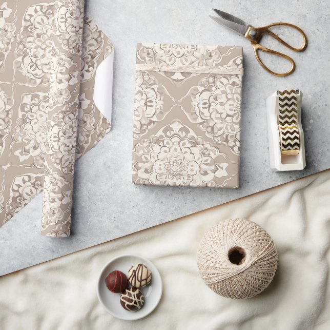 Elegant Taupe Kräm Damask  Presentpapper (Hantverk)