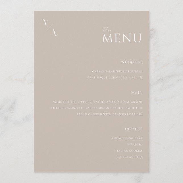 Elegant Taupe Modern Minimalist Bröllop Menu Meny (Framsida)