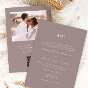 Elegant Taupe Monogram QR Osa Photo Bröllop Inbjudningar