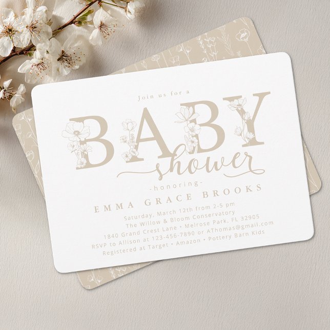 Elegant Taupe Neutral Floral Baby Shower Typograph Inbjudningar (Baby Shower Invite)