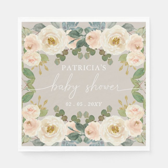 Elegant Taupe Peach Blommigt Baby Shower Pappersservett (Framsidan)
