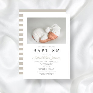 Elegant Taupe Rand Boy Baptism Photo Inbjudningar