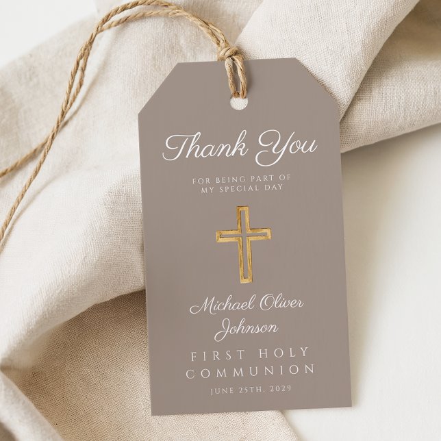Elegant Taupe Religiösa Kor Första kommissionen Presentetikett (Elegant Taupe Religious Cross First Communion Gift Tags)