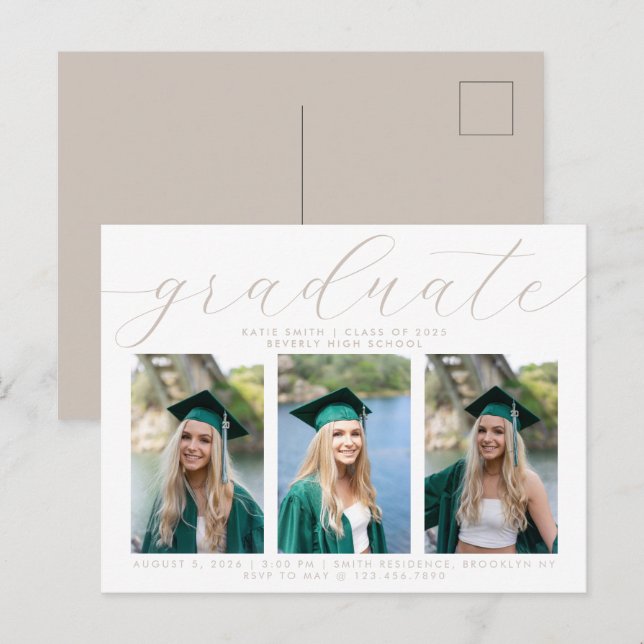 Elegant Taupe-skript med minimalistisk Studenten 3 Inbjudan Vykort (Fram/baksida)