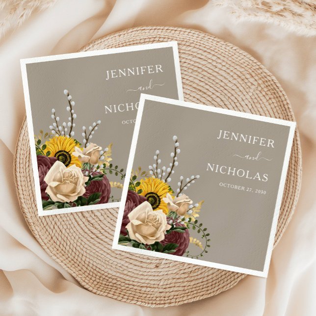 Elegant Taupe Sunblommblommor Bröllop Pappersservett (Elegant Taupe Sunflowers Wedding Napkins)