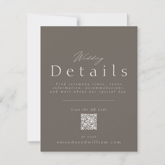 Elegant Taupe Wedding Details Card with QR Code  Inbjudningar (Framsida)