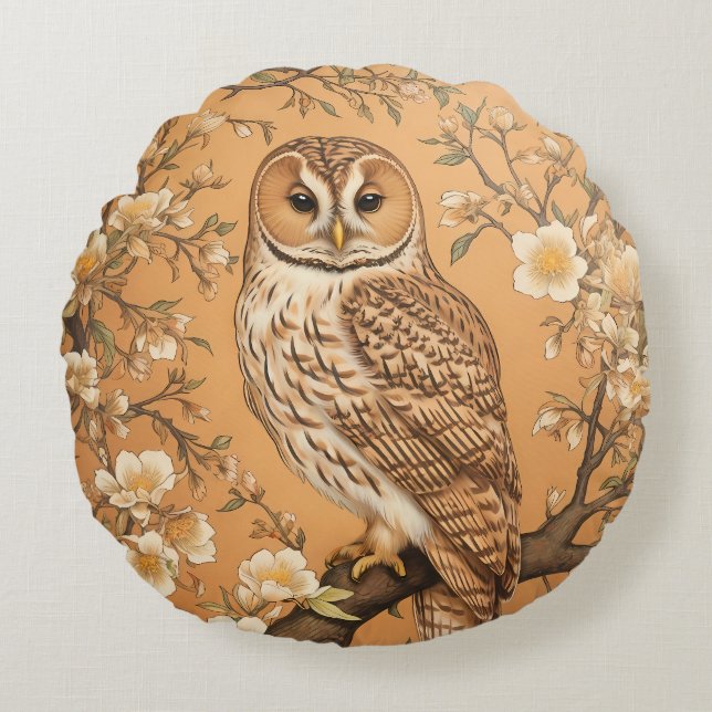Elegant Tawny Uggla William Morris Inspired Rund Kudde (Framsidan)