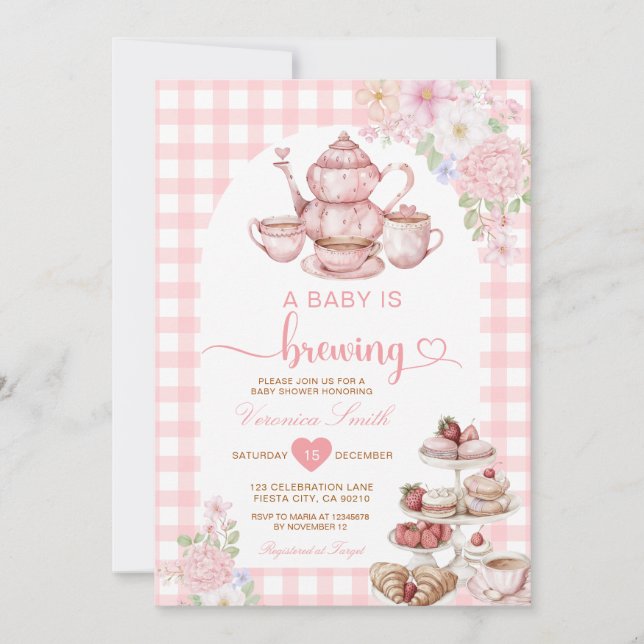 Elegant Tea A Baby is Brewing Baby Shower Flowers Inbjudningar (Framsida)