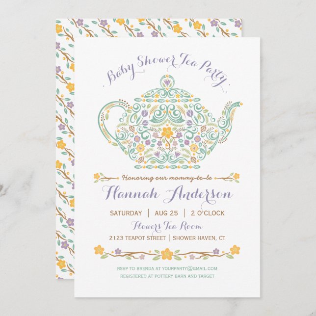 Elegant Tea Party Baby Shower - Tekanna Inbjudningar (Fram/baksida)