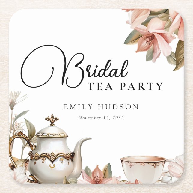 Elegant Tea Party Bröllopsdusch Underlägg Papper Kvadrat (Framsidan)