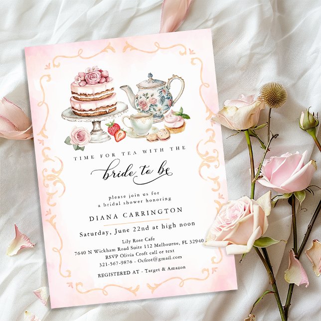 Elegant Tea Party Möhippa - Rosa Blommigt Inbjudningar (Bridal Shower Invite)