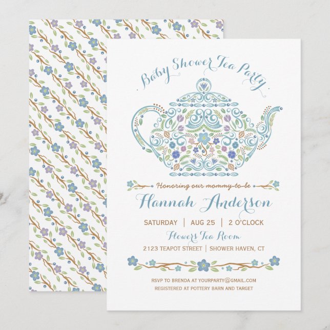 Elegant Tea Party Pojke Babyshower • Tekanna Inbjudningar (Fram/baksida)