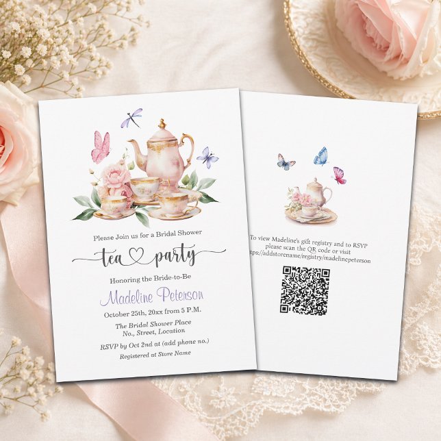 Elegant Tea Party QR Code Butterfly Bridal Shower  Inbjudningar (Skapare uppladdad)