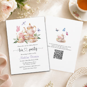 Elegant Tea Party QR-kod Fjäril Baby Shower Inbjudningar