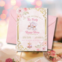 Elegant Tea Party Rosa Födelsedagsfest Inbjudningar