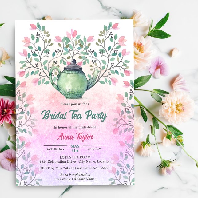 Elegant Tea Party Tekanna Blommigt Inbjudningar (Elegant tea party invite with  teapot and floral design elements front view.)