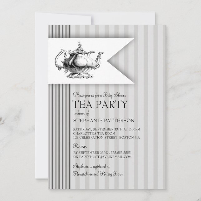 Elegant Tea Ticking Rand Baby Shower Tea Party Inbjudningar (Framsida)