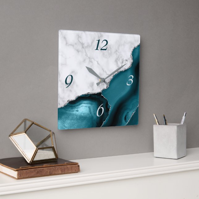 Elegant Teal Agat Silver Glitter Marmor Fyrkantig Klocka (Kontor)