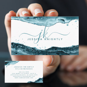 Elegant Teal Agate Glitter Monogram-skript Visitkort