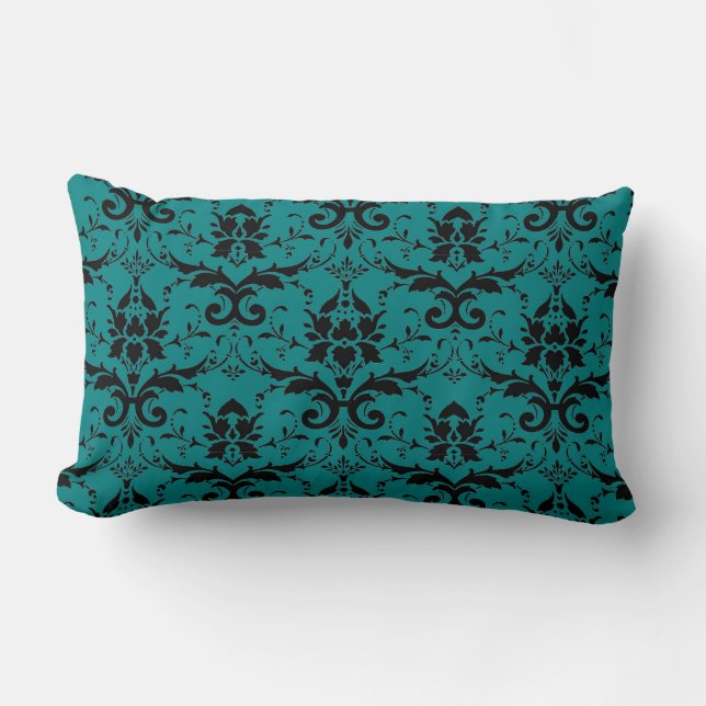 Elegant Teal and Black Damask Pattern Lumbarkudde (Framsida)