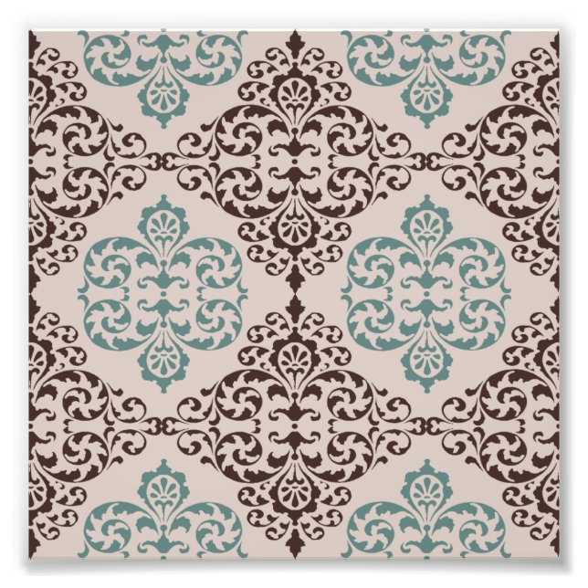 Elegant Teal and Brown Damask Pattern på Beige Fototryck (Framsidan)