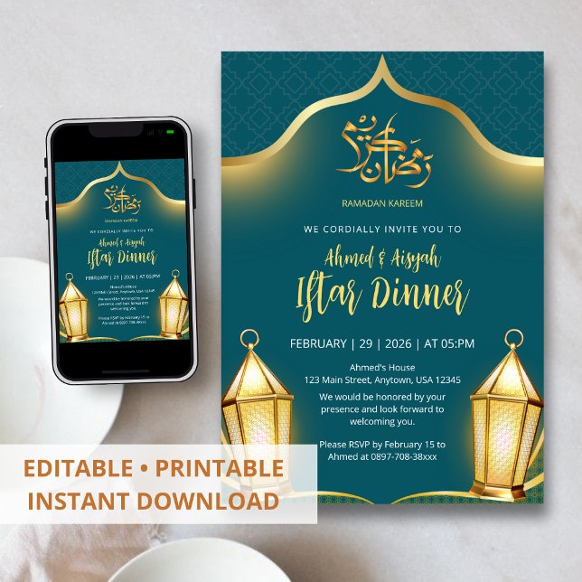 Elegant Teal and Gold Islamic Iftar Dinner Inbjudningar (Skapare uppladdad)