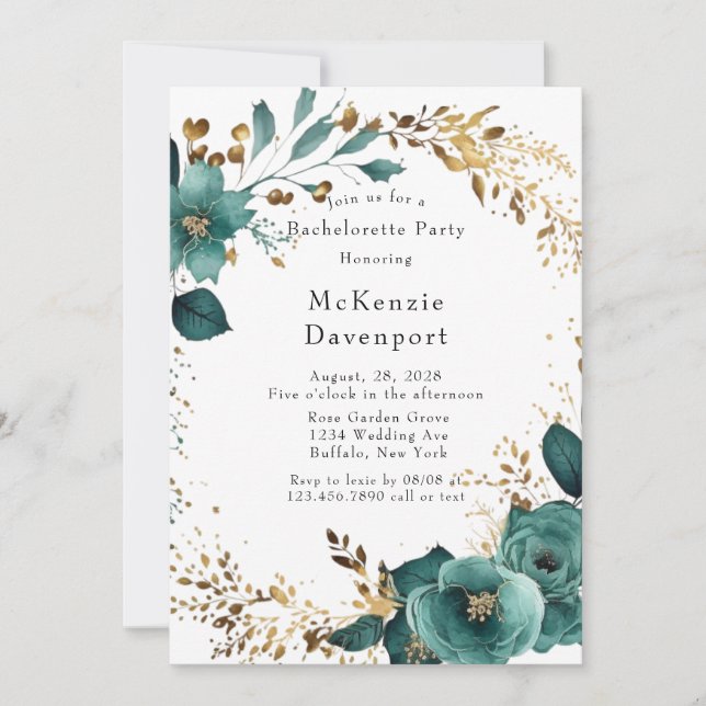 Elegant Teal and Guld Blommigt Bachelorette Party Inbjudningar (Framsida)