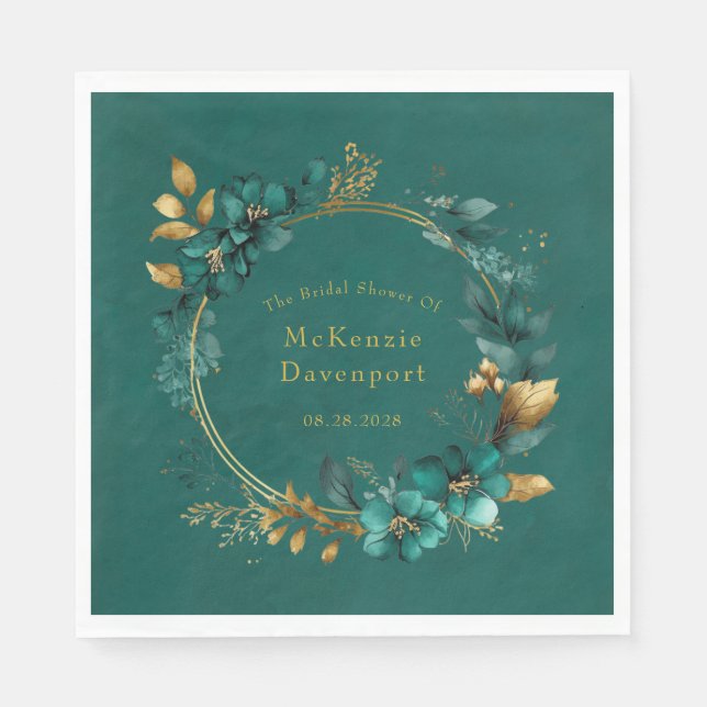 Elegant Teal and Guld Blommigt Möhippa Napkins Pappersservett (Framsidan)
