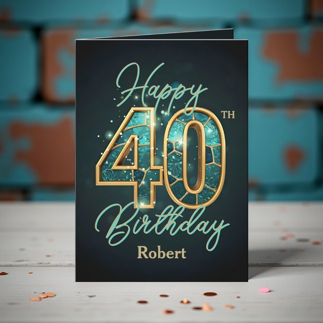 Elegant Teal and Guld Metallic 40 Birthday Kort (Skapare uppladdad)