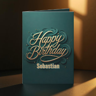 Elegant Teal and Guld Swirly Calligraphy Birthday Kort