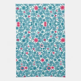 Elegant Teal and Magenta Foliage Pattern Kökshandduk
