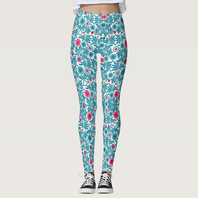 Elegant Teal and Magenta Foliage Pattern Leggings (Framsida)