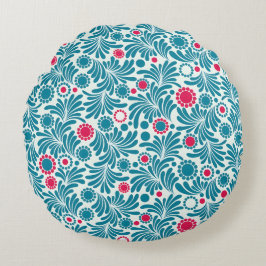 Elegant Teal and Magenta Foliage Pattern Rund Kudde