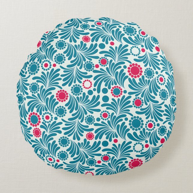 Elegant Teal and Magenta Foliage Pattern Rund Kudde (Framsidan)
