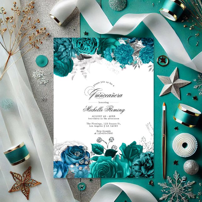 Elegant Teal and Silver Blommigt Quinceañera Photo Inbjudningar (Elegant Teal and Silver Floral Quinceañera Photo Invitation)