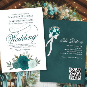 Elegant Teal & Aqua Ro Blommigt QR-koden Bröllop Inbjudningar